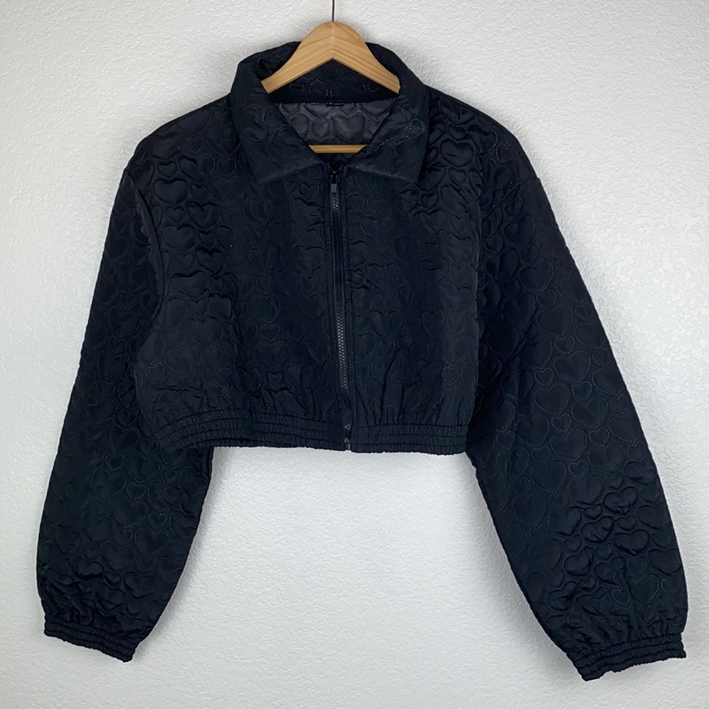 Black Heart Quilted Cropped Crop Bomber Zip Front Jacket Coat - Picture 6 of 9